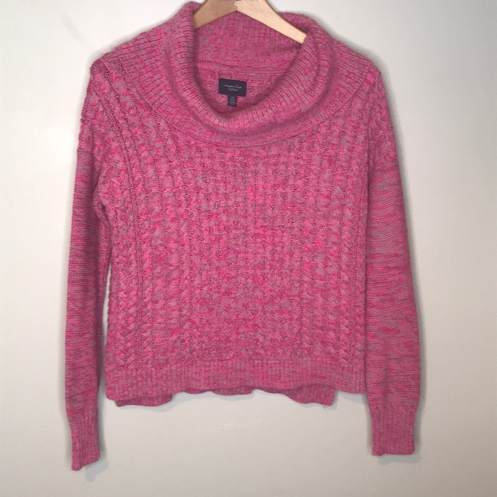 AEO Pink/Gray Chunky Cowl Neck Sweater